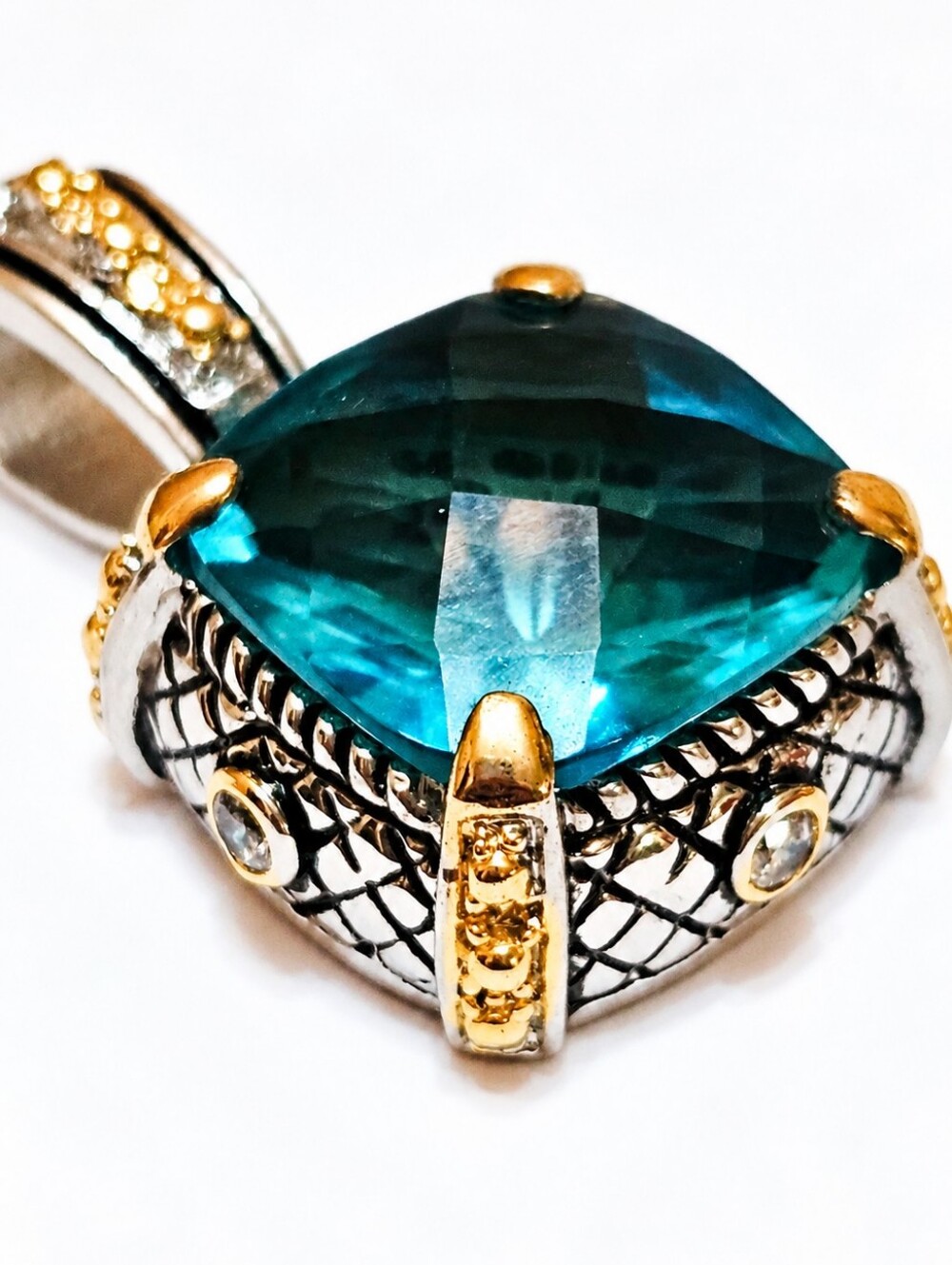 Silverlux NOS Teal Faceted Stone Mixed Metal Cable Artisan Statement Pendant New